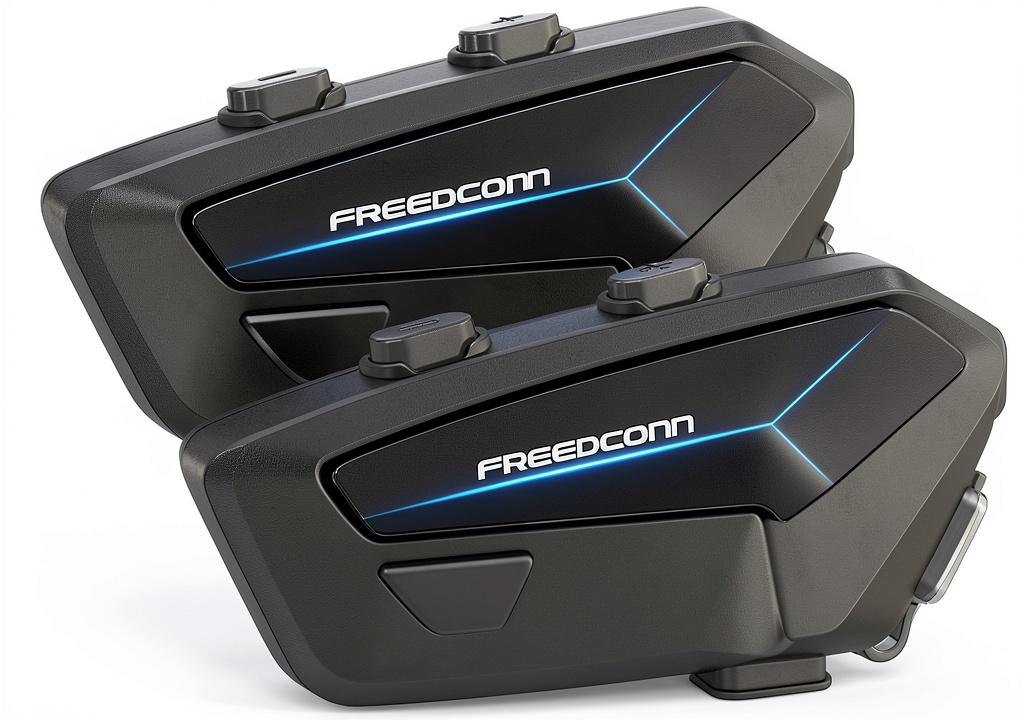 Rider using FreedConn FX PLUS headset on a rainy road