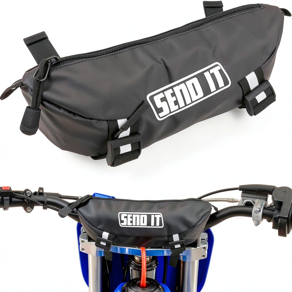 Dirtbike rider using ThrottlePak handlebar bag on a rugged trail